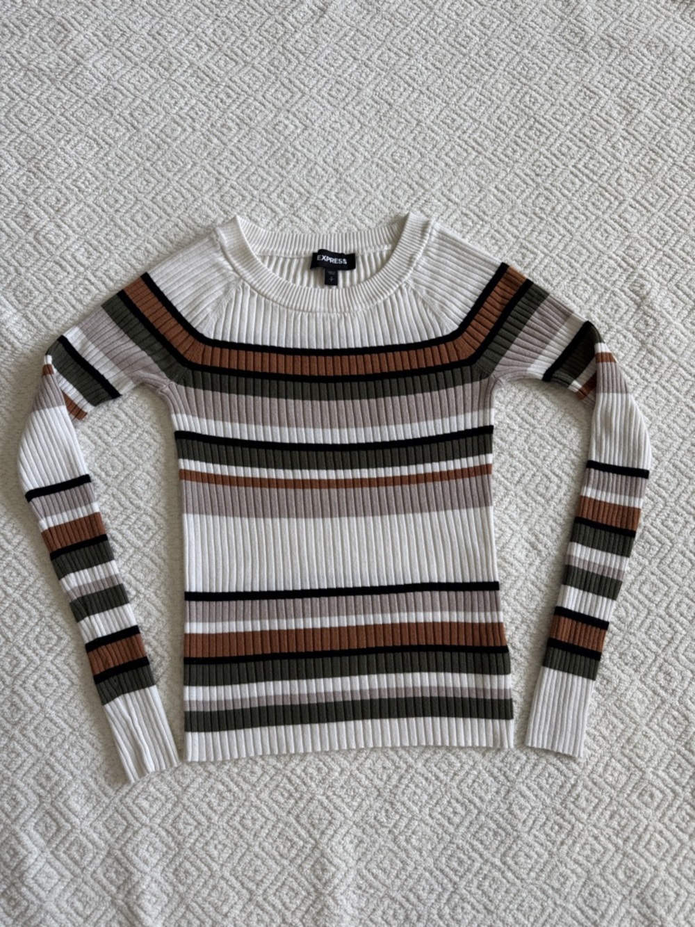 Express Ribbed Crewneck Sweater in White with Brown, Olive & Black Stripes